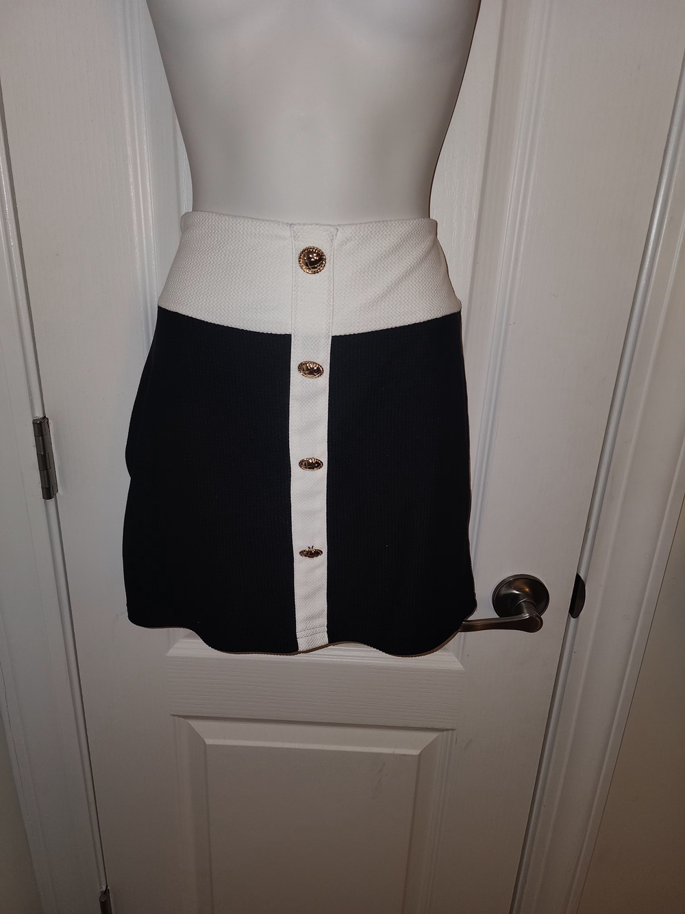 White and Black Button-Front Mini Skirt